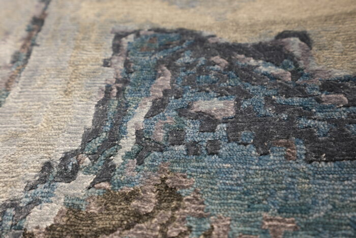 Teal, Grey, Beige Hand-Knotted Indian Silk and Wool Area Rug - 8'x10' - Image 2