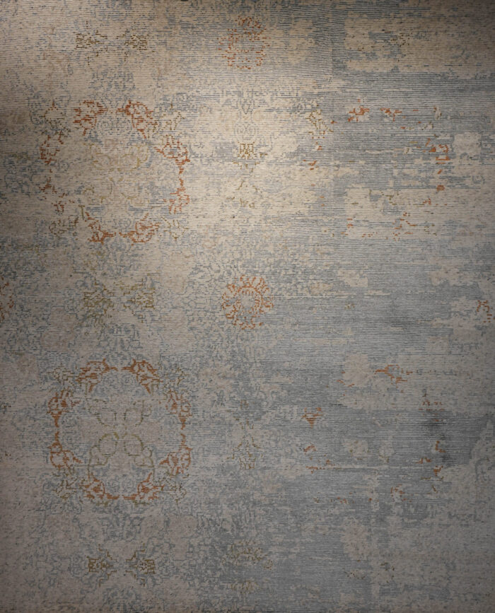 Beige, Blue, Rust Hand-Knotted Indian Silk and Wool Area Rug - 8x10