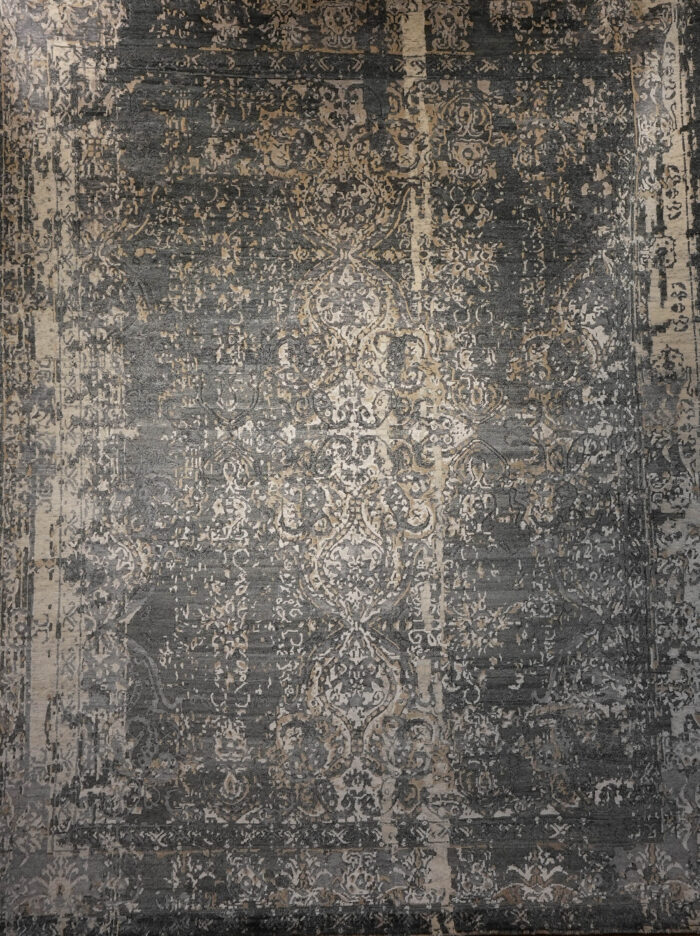 Grey, Beige Hand-Knotted Indian Silk and Wool Area Rug - 8x10