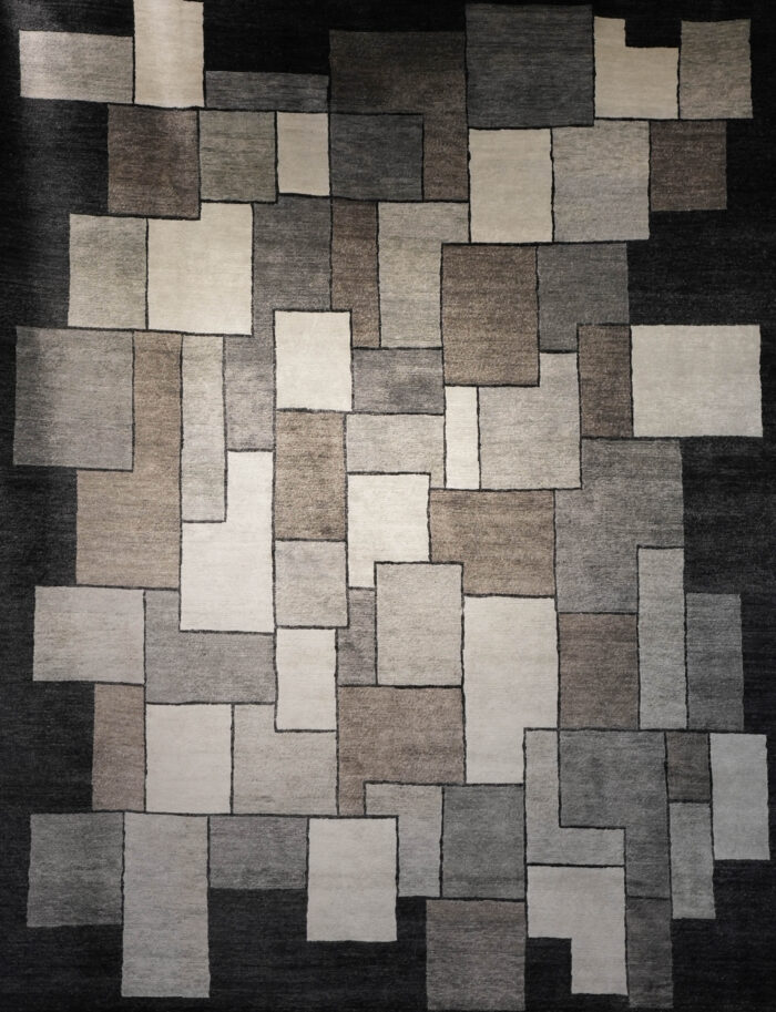 Grey, white, black square pattern modern rug